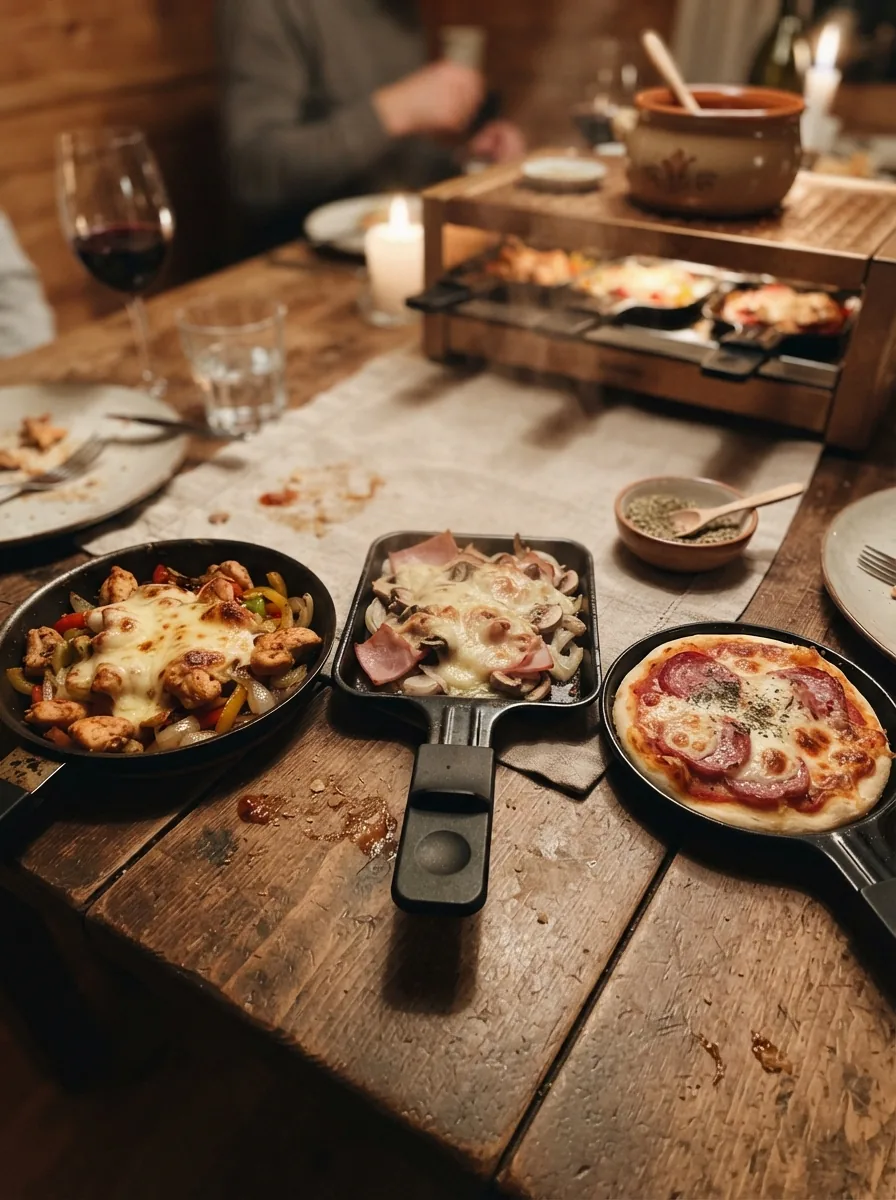 Illustrative Raclette-Pfännchen mit Hähnchen, Schinken und kleiner Pizza