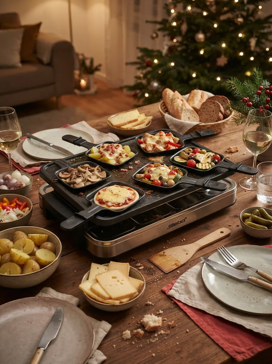 Illustrativer Raclette-Tisch mit verschiedenen Pfännchen, Kartoffeln, Gemüse und Käse
