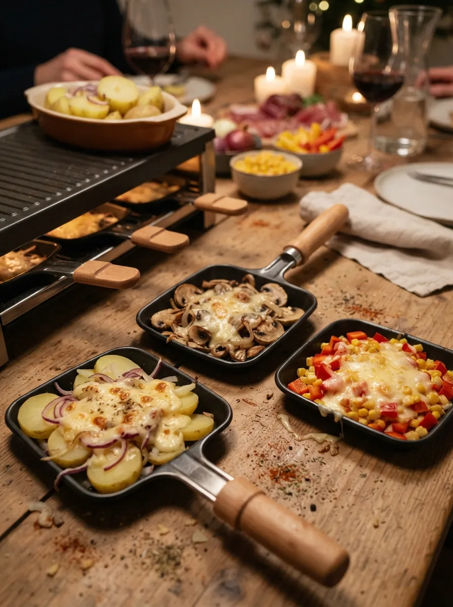 Illustrative klassische Raclette-Pfännchen mit Kartoffeln, Champignons und Paprika