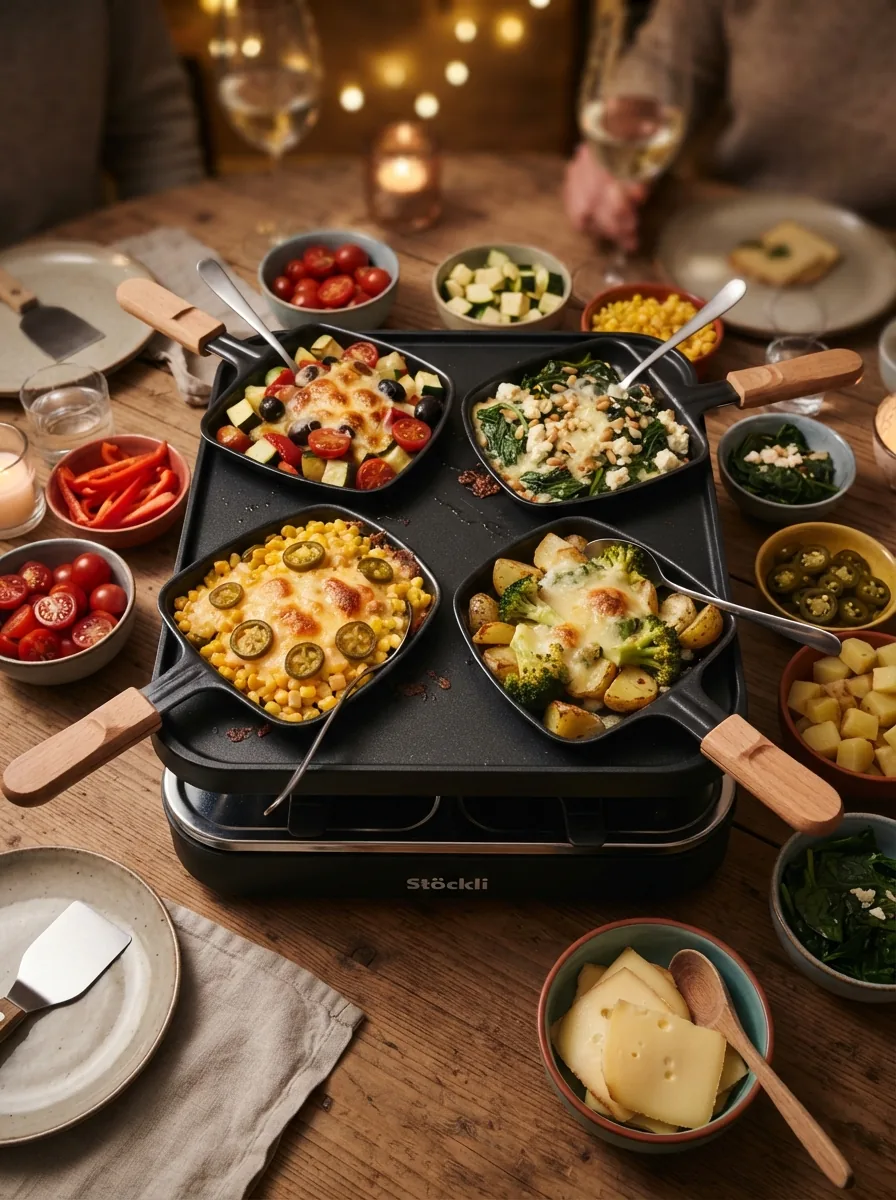 Illustrative vegetarische Raclette-Pfännchen mit Gemüse, Spinat und Feta