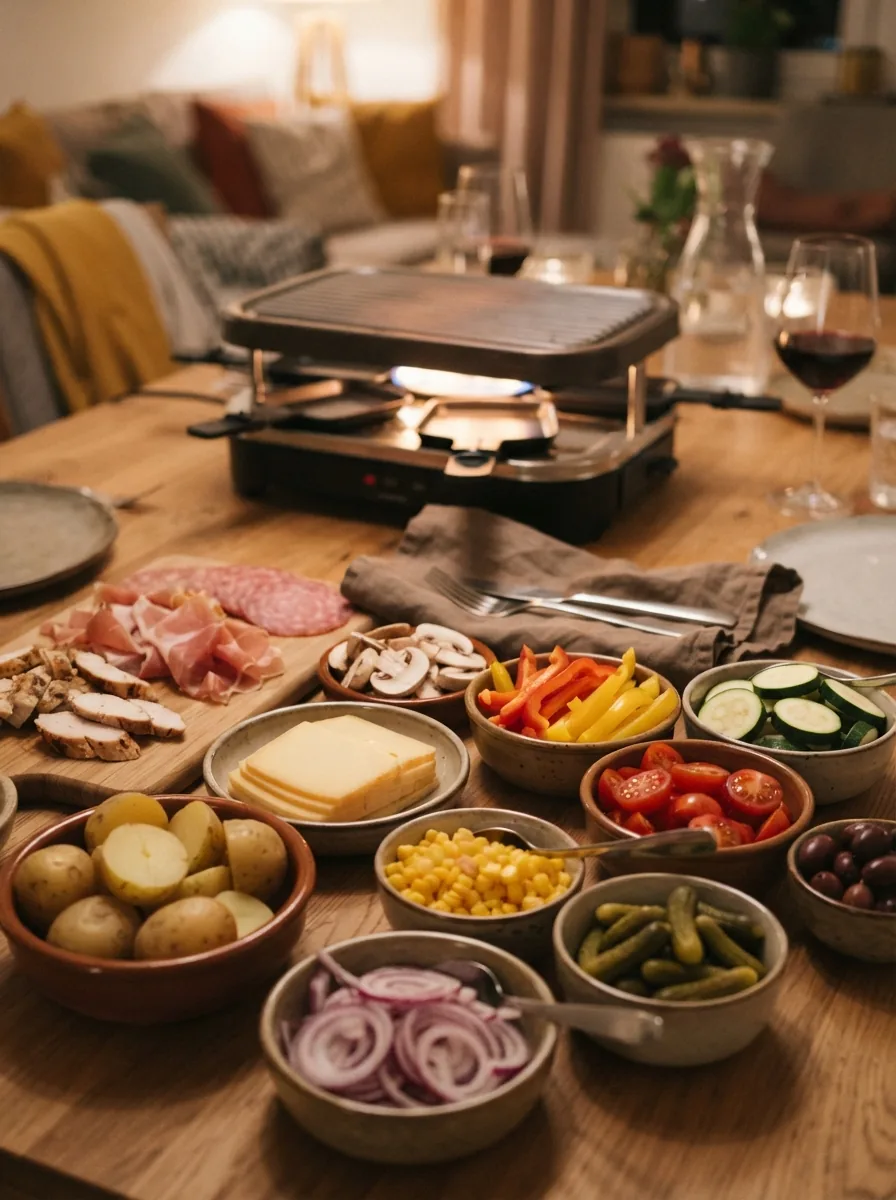 Illustrative Raclette-Zutaten mit Kartoffeln, Käse, Gemüse und Beilagen