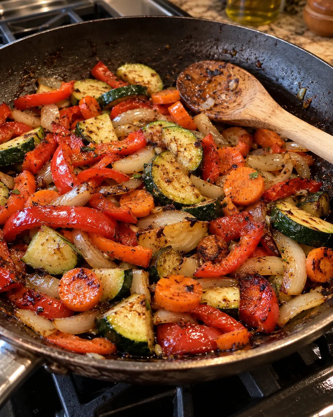 Illustratives Bild von gebratener Paprika, Zucchini und Karotten in einer Pfanne