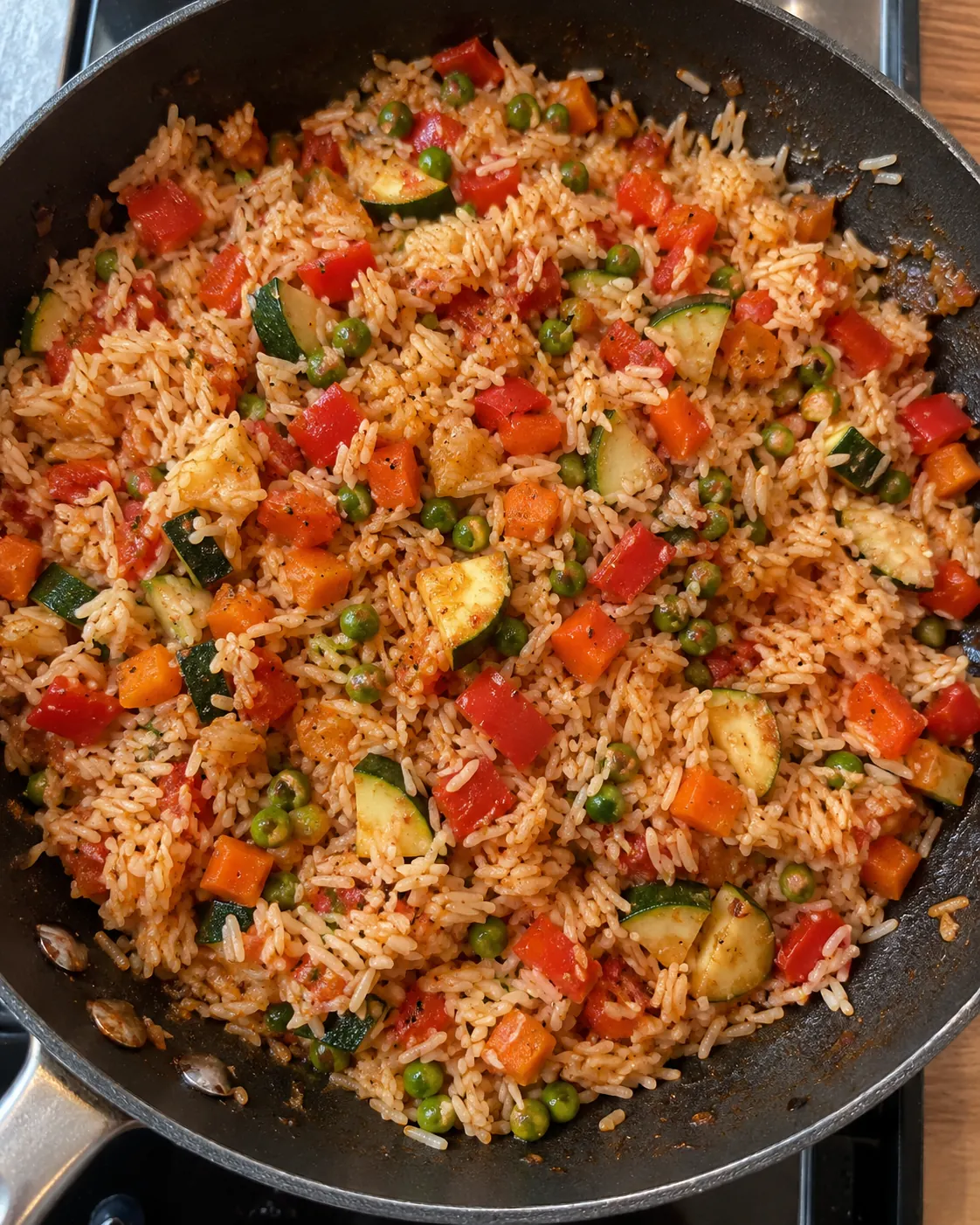 Illustratives Bild von Reis mit Paprika, Zucchini, Karotten und Erbsen in einer Pfanne