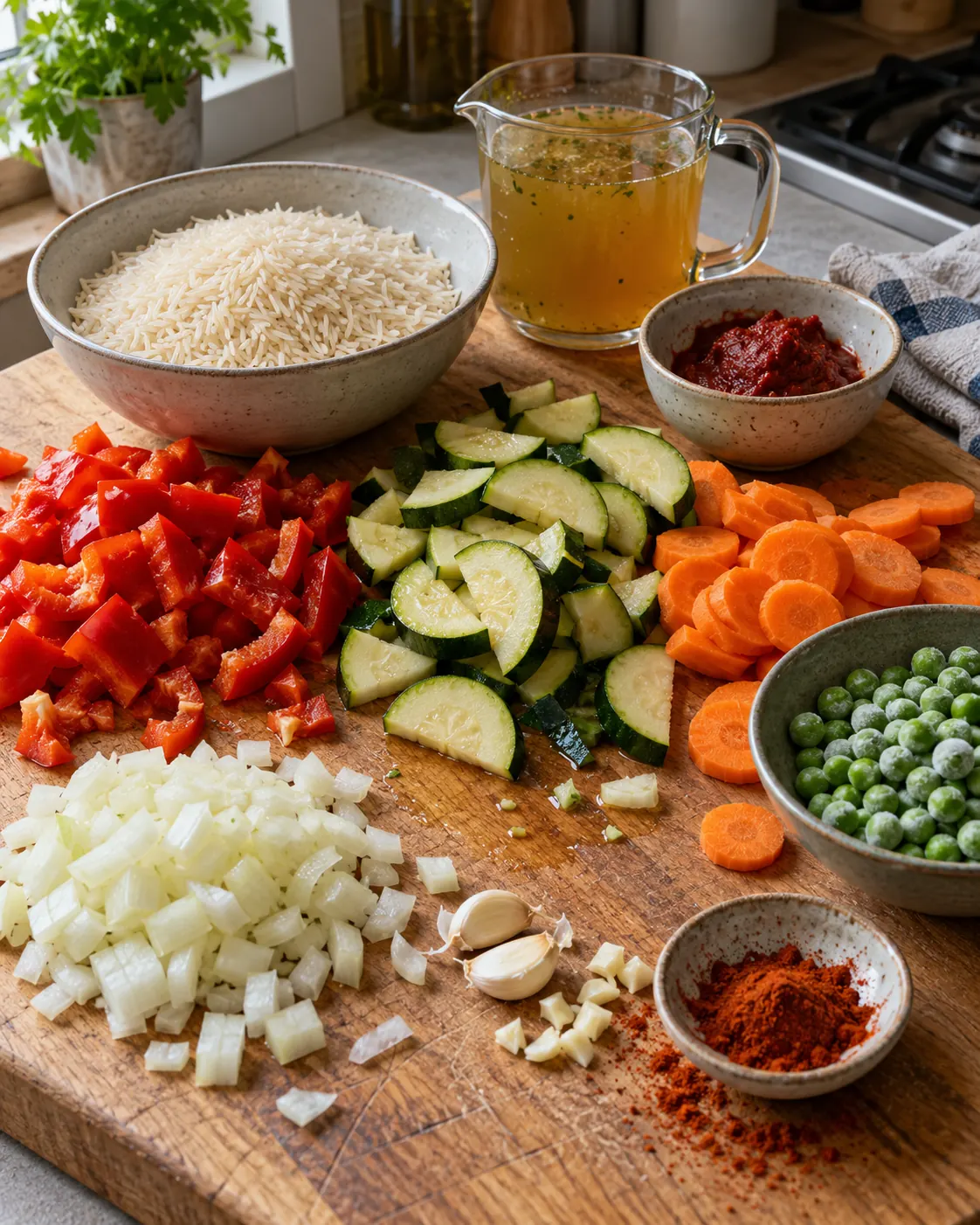 Illustratives Bild von Reis, Paprika, Zucchini, Karotten und Erbsen