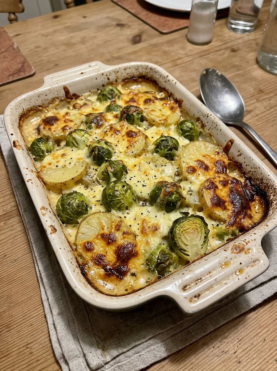 Illustrativer Rosenkohl-Kartoffel-Auflauf mit goldbraunem Käse