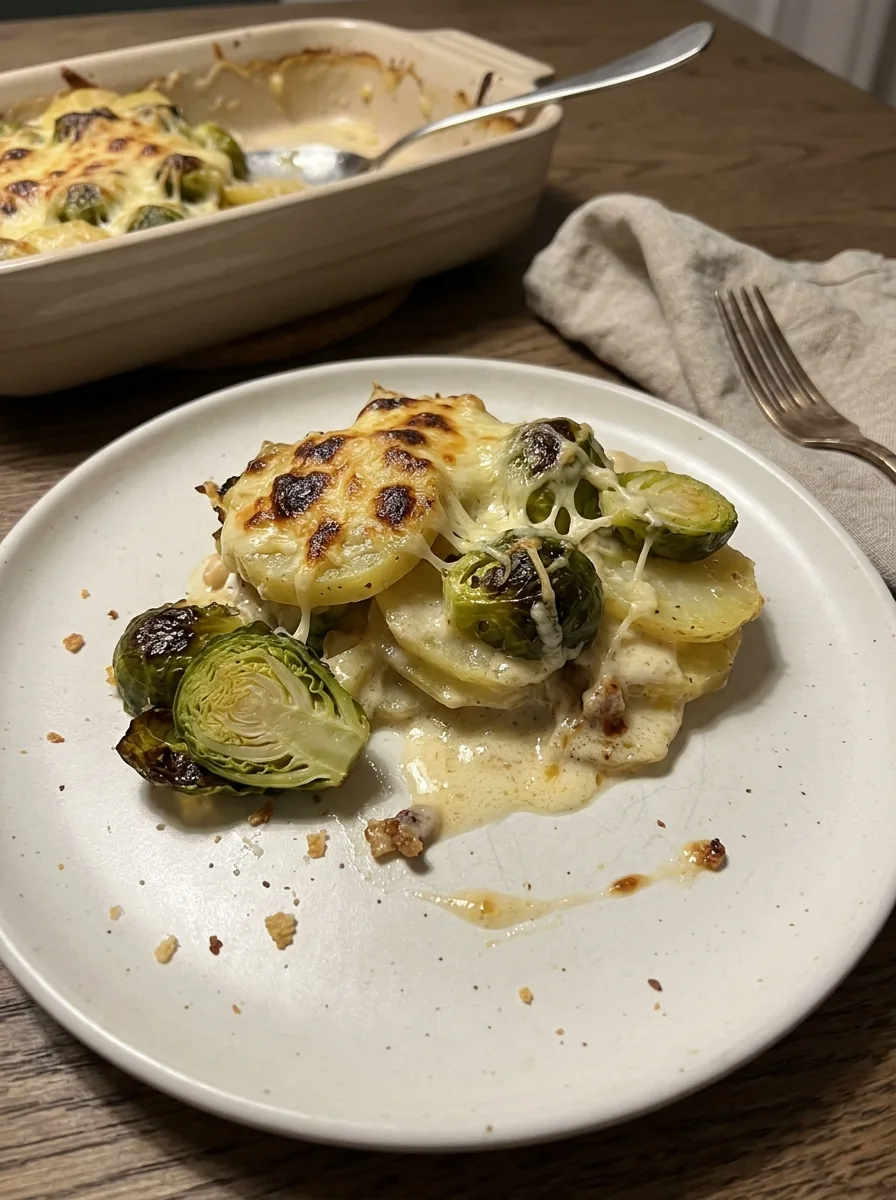 Illustrative Portion Rosenkohl-Kartoffel-Auflauf