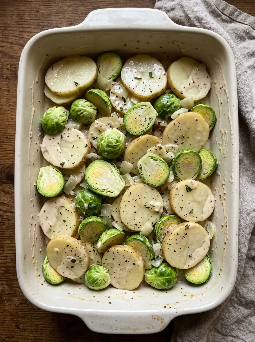 Illustrativer Rosenkohl-Kartoffel-Auflauf vor dem Backen
