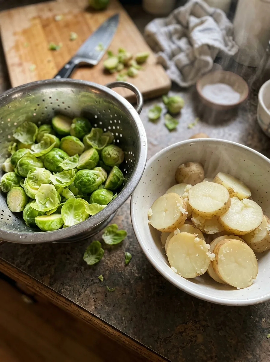 Illustrative vorgegarte Rosenkohlhälften und Kartoffelscheiben
