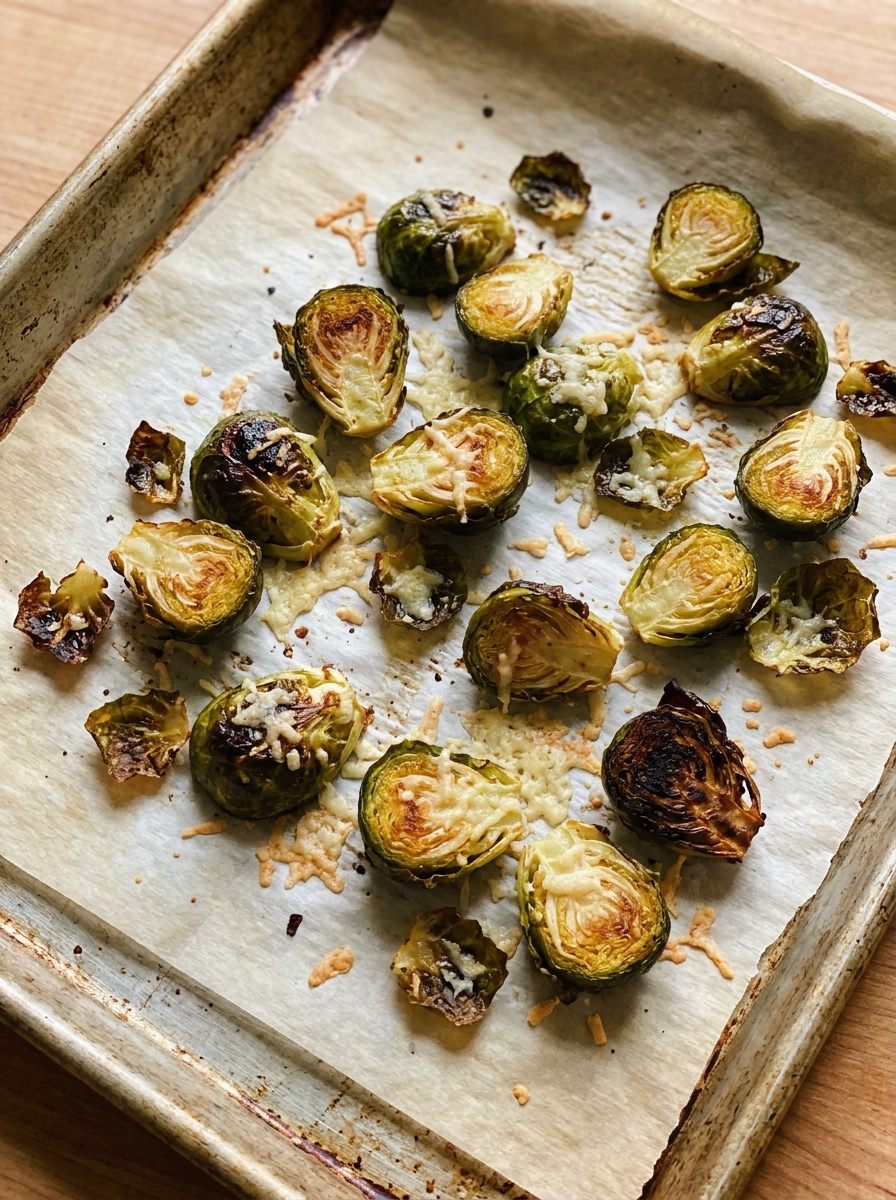 Knuspriger Ofen-Rosenkohl mit Parmesan und goldbraunen Schnittflächen