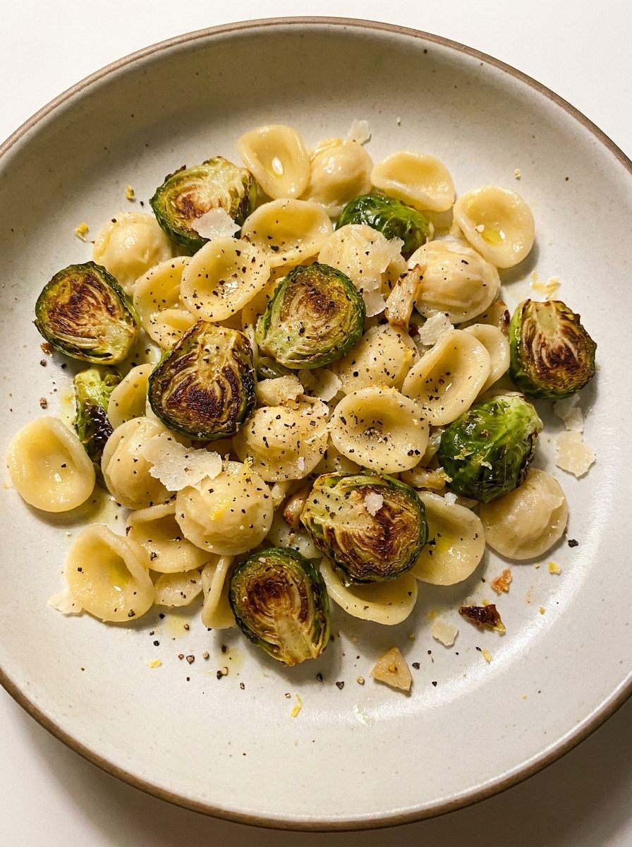 Rosenkohl-Pasta mit Parmesan, Knoblauch und gebräunten Röschen