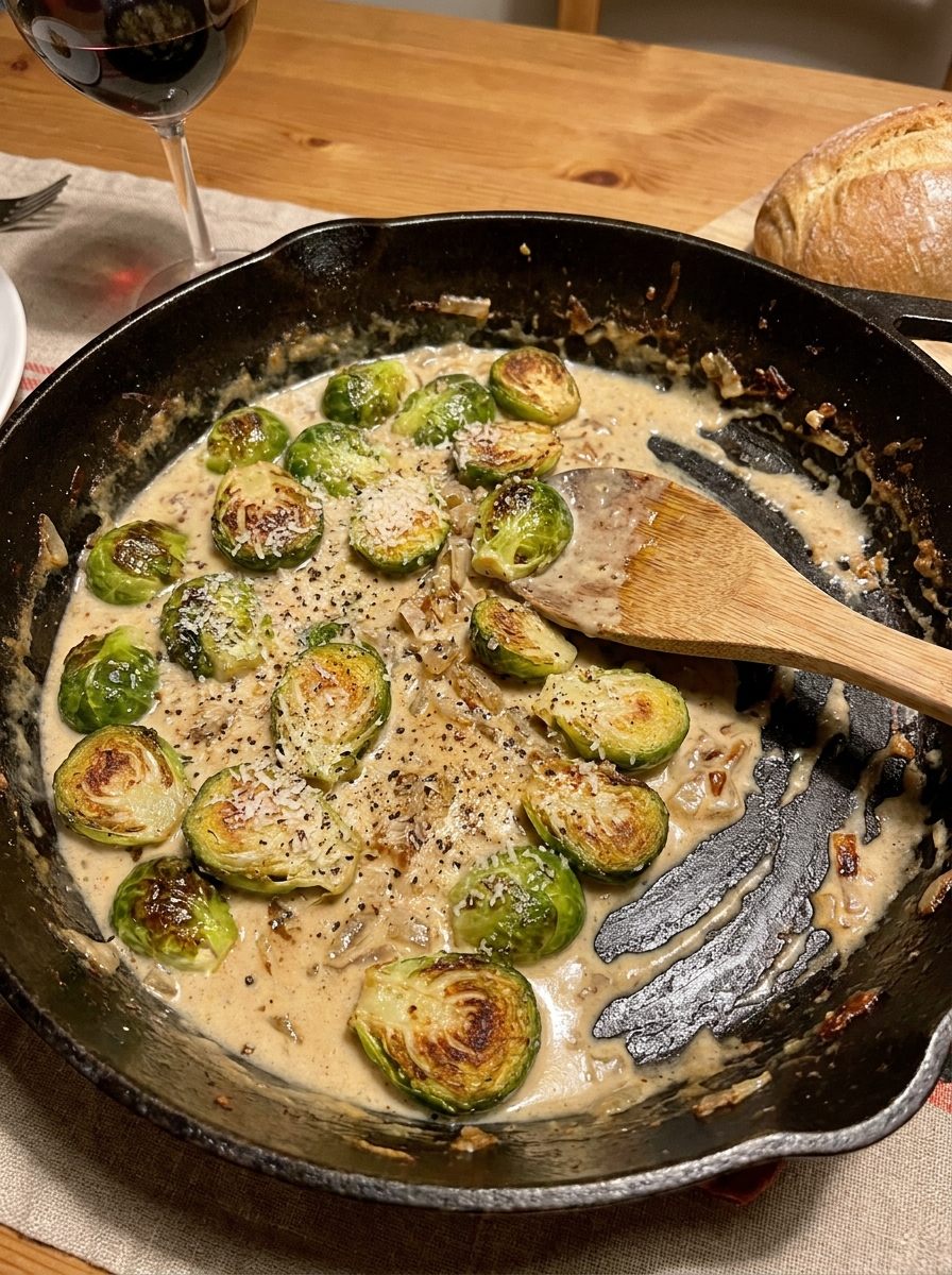 Cremige Rosenkohl-Pfanne mit Parmesan und gebräunten Röschen