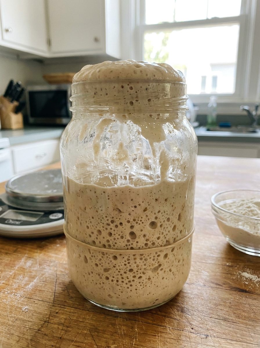 Aktiver Sauerteig Starter am Höhepunkt mit vielen Blasen