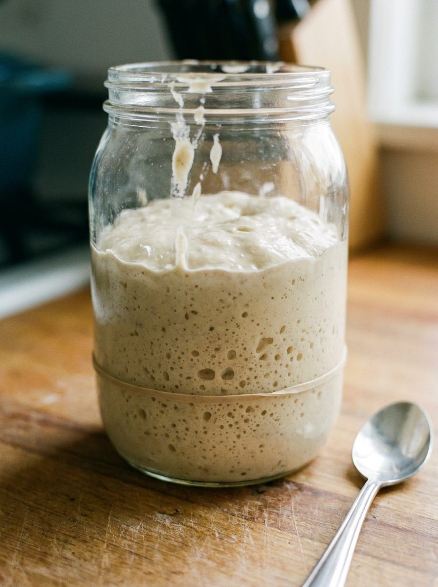 Sauerteig Starter mit sichtbaren Blasen und gestiegenem Volumen