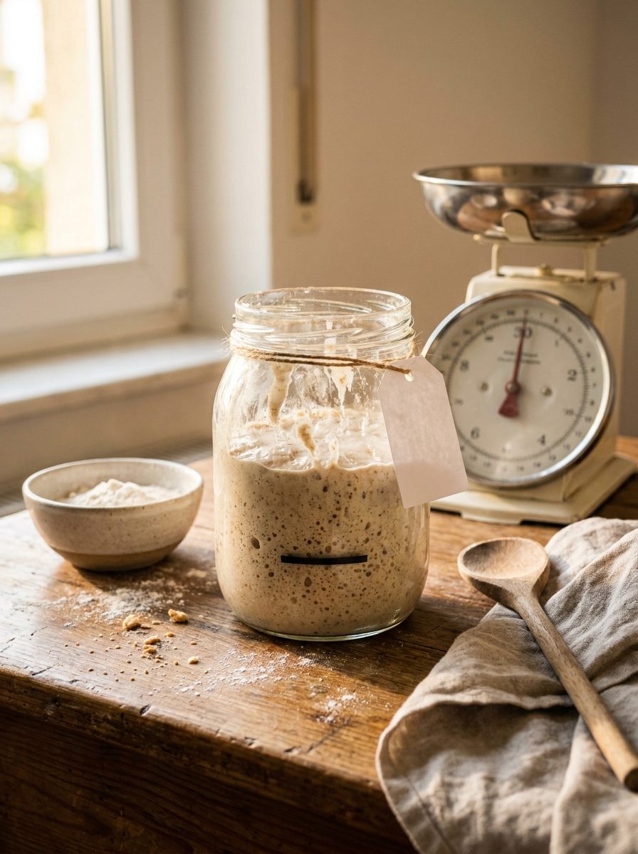 Aktiver Sauerteig Starter mit vielen Blasen in einem Glas neben einer Küchenwaage
