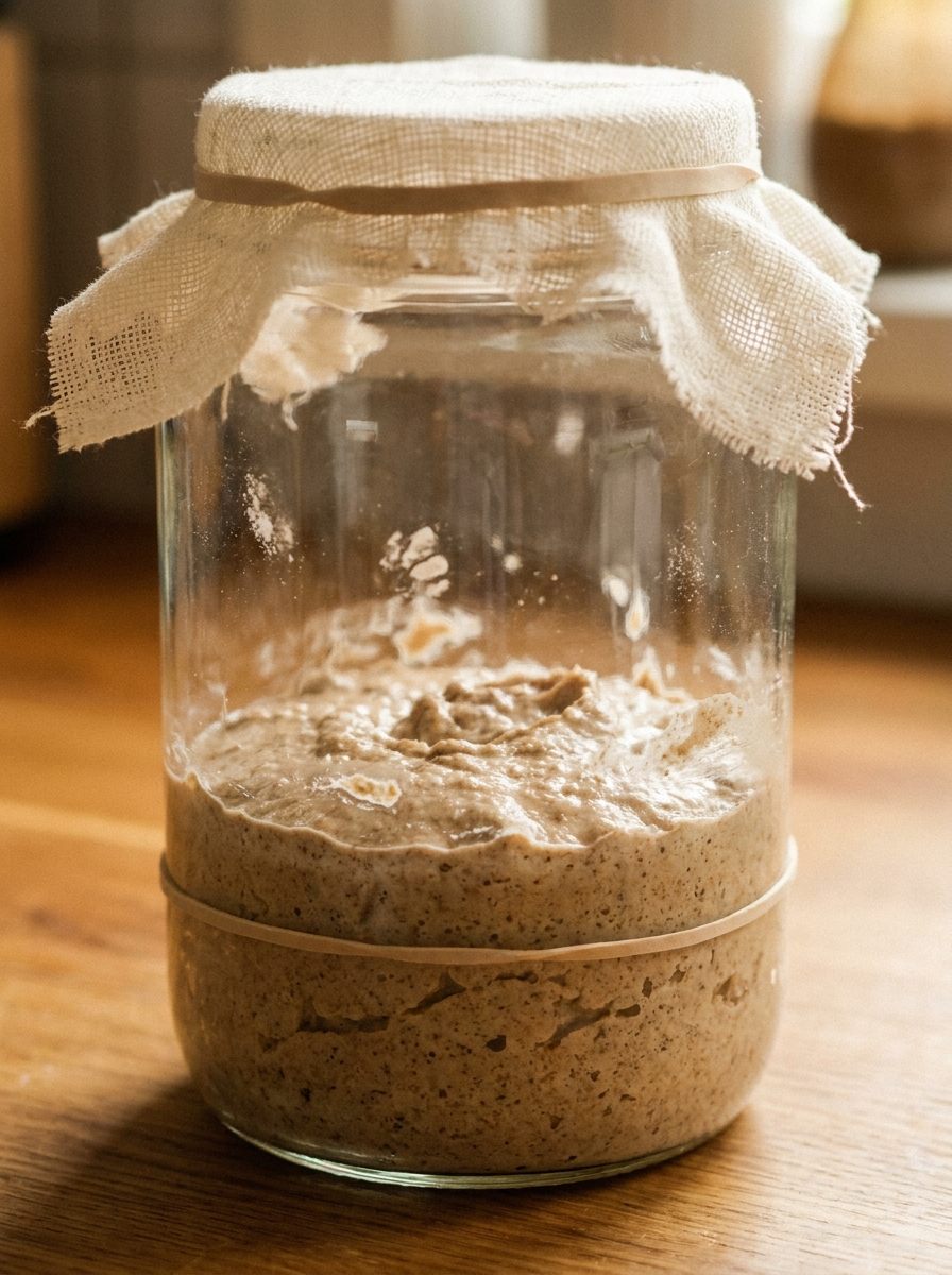 Frisch angerührter Sauerteig Starter am ersten Tag