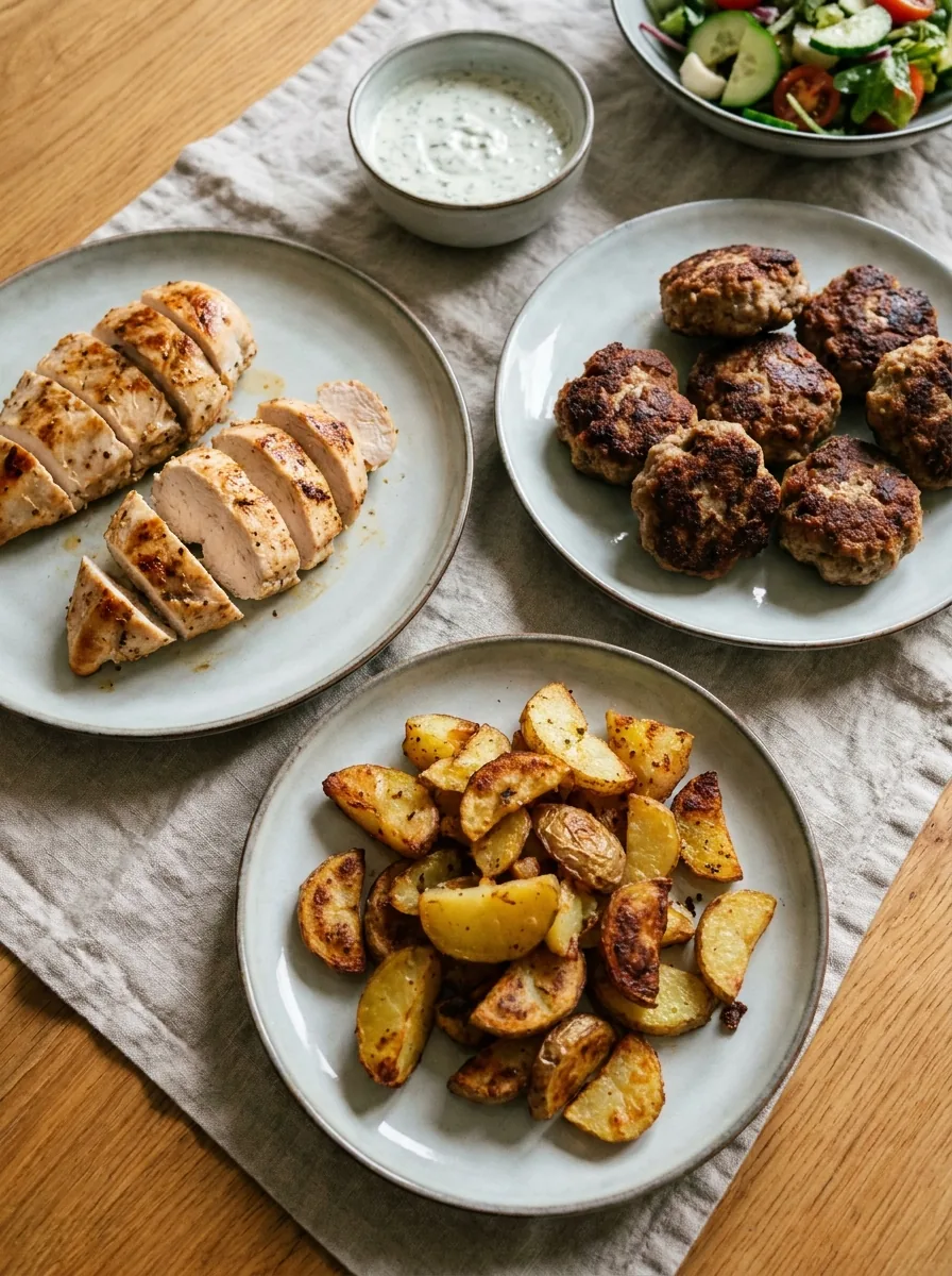 Illustrative Airfryer-Gerichte mit Hähnchen, Frikadellen und Kartoffeln