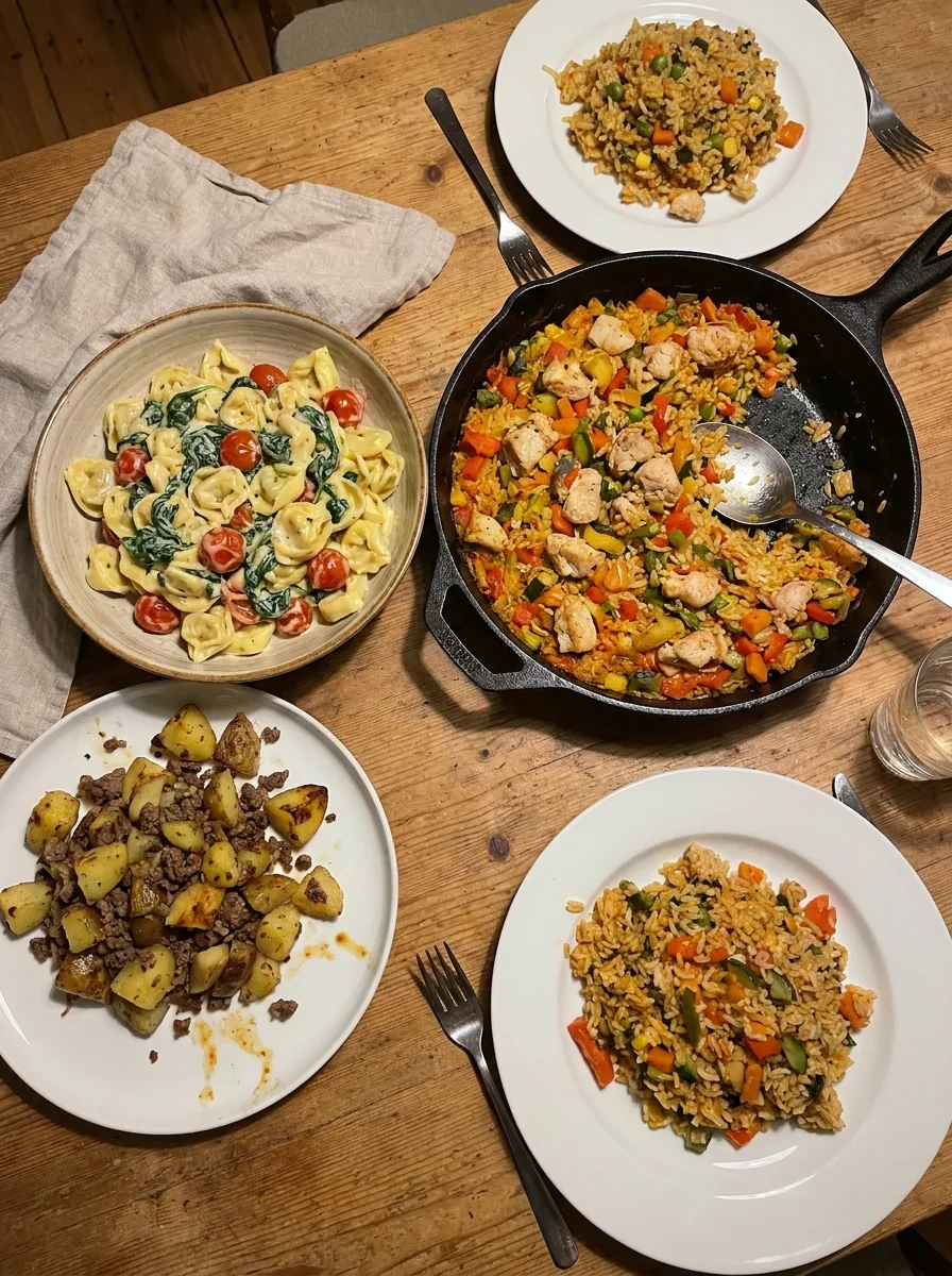 Illustrative Auswahl einfacher Abendessen mit Pfannengerichten und Pasta