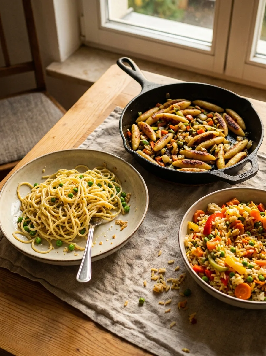 Illustrative Pasta- und Gemüsegerichte für ein einfaches Abendessen
