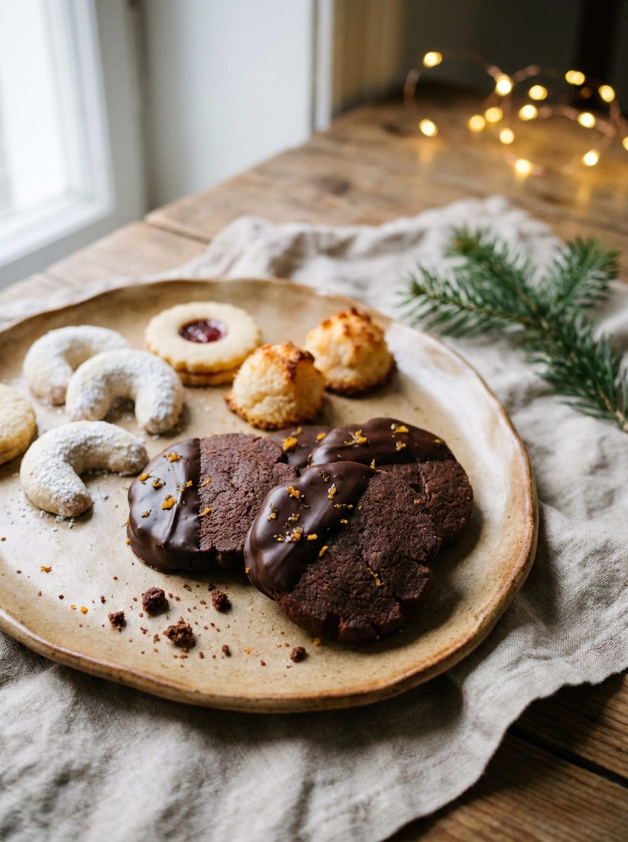 Schoko-Orangen-Plätzchen mit dunkler Schokolade auf einem weihnachtlichen Plätzchenteller