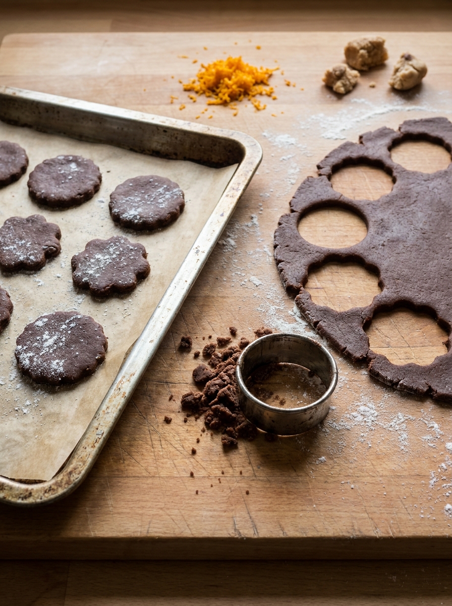 Ausgestochene Schoko-Orangen-Plätzchen vor dem Backen