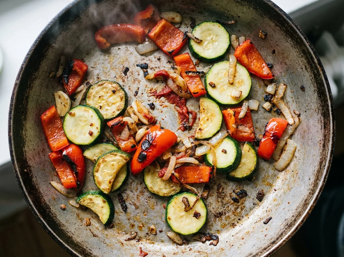 KI-generiertes Bild von Paprika und Zucchini in einer Pfanne