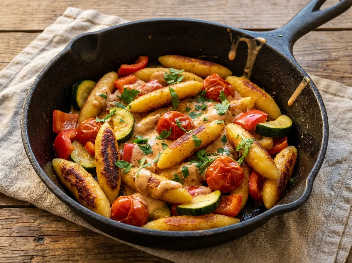 KI-generiertes Bild einer cremigen Schupfnudelpfanne mit Paprika, Zucchini und Tomaten