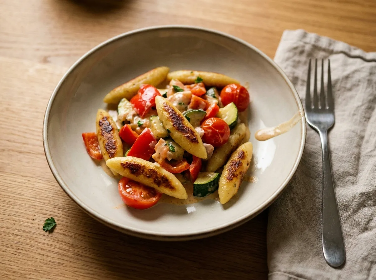 KI-generiertes Bild einer Portion Schupfnudelpfanne mit Gemüse und Sauce