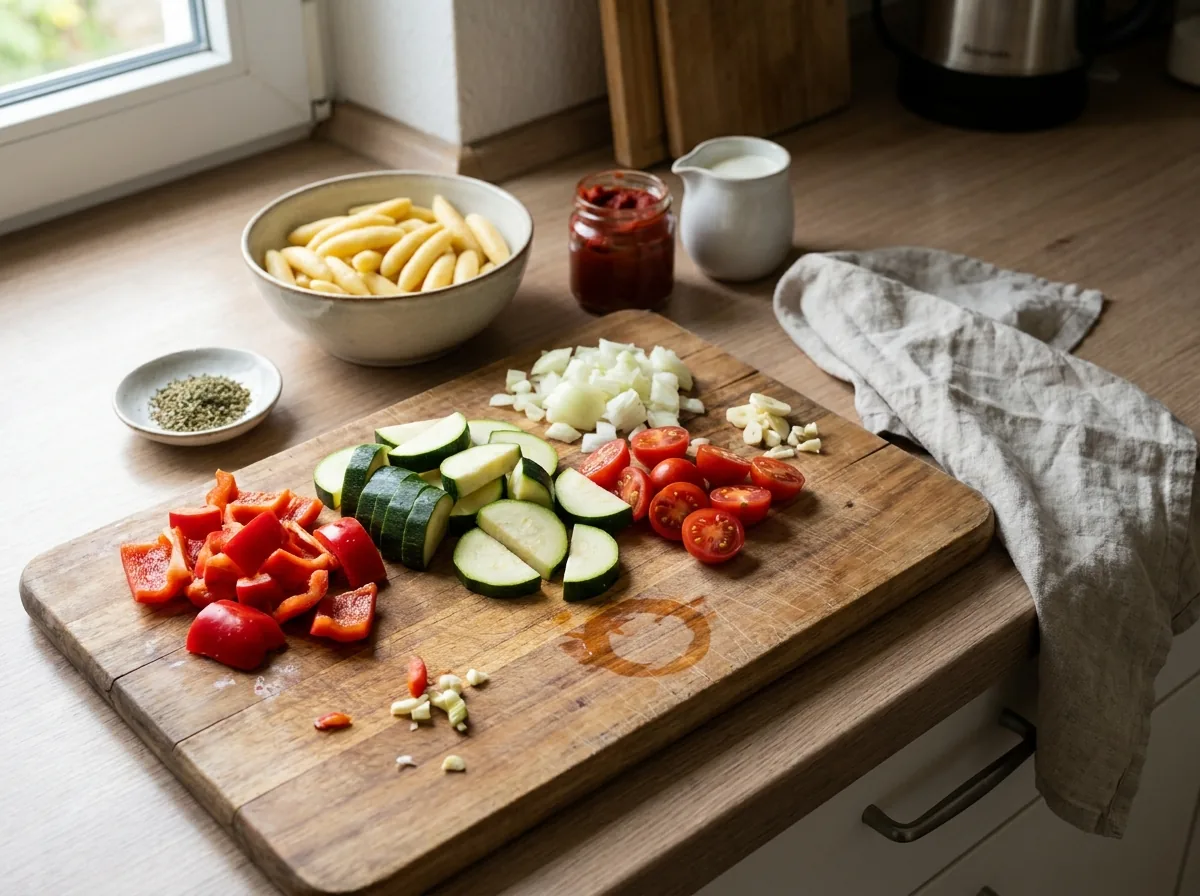 KI-generiertes Bild von Schupfnudeln, Paprika, Zucchini und Tomaten vor der Zubereitung