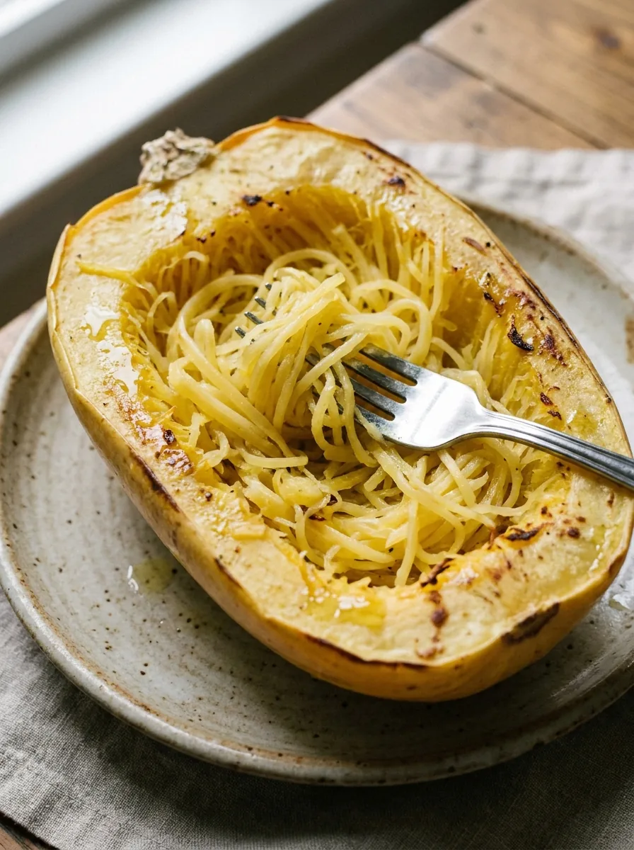 KI-generiertes Bild von mit einer Gabel gelösten Spaghettikürbis-Fäden