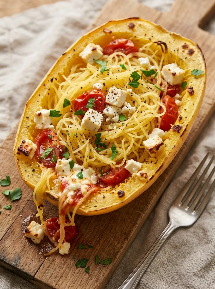 KI-generiertes Bild von gefülltem Spaghettikürbis mit Tomaten, Feta und Kräutern