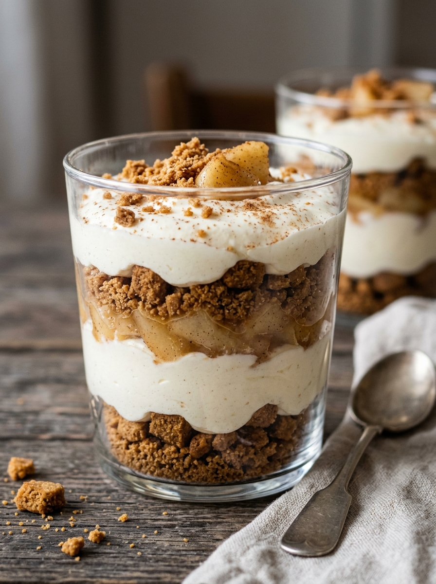 Geschichtetes Spekulatius Dessert im Glas mit Apfel und Creme