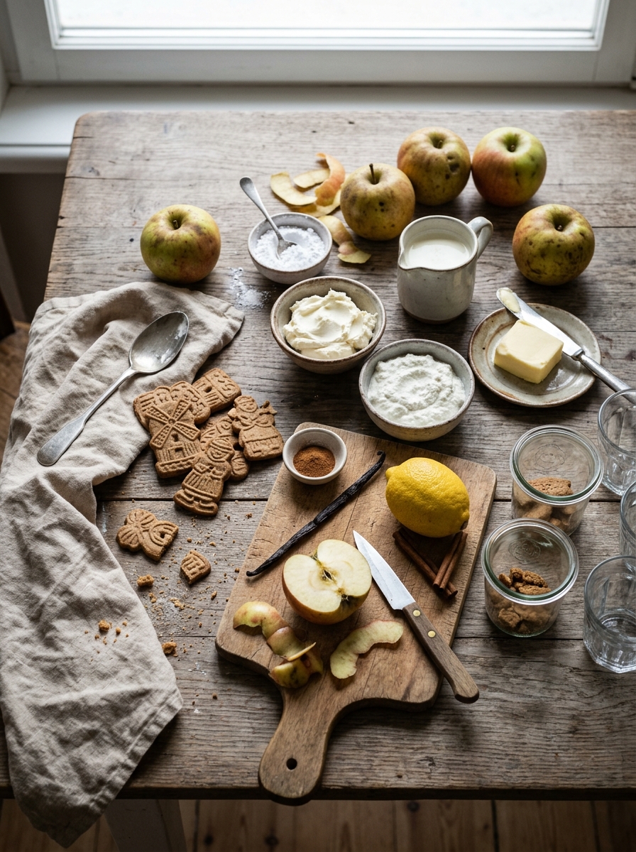 Zutaten für Spekulatius Dessert im Glas mit Äpfeln und Mascarpone-Quark-Creme