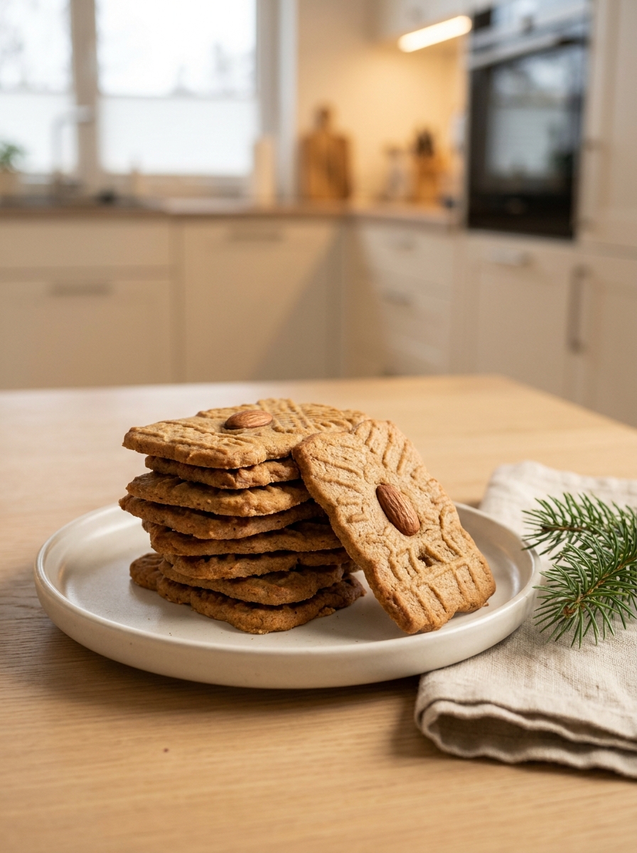 Selbstgemachte knusprige Spekulatius auf einem modernen Weihnachtsteller