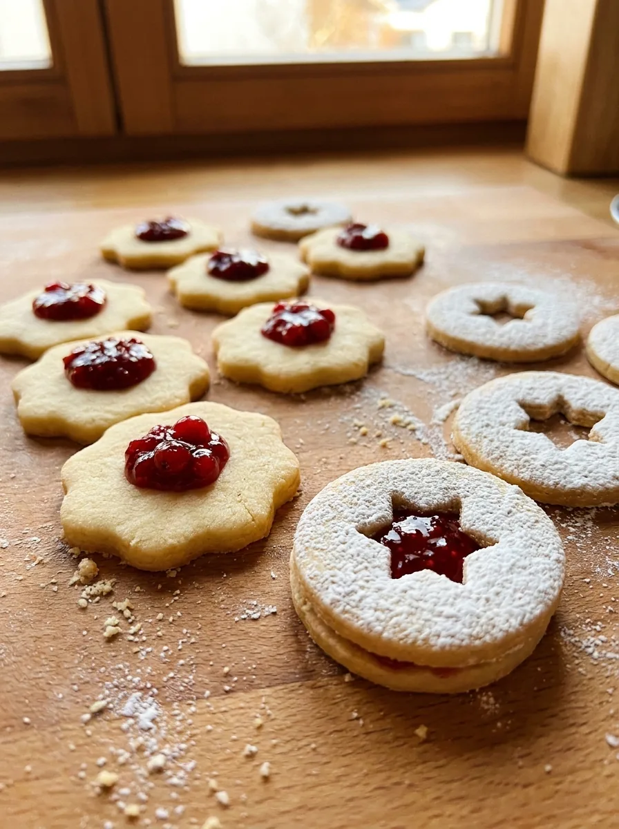 Illustratives Füllen von Spitzbuben mit roter Himbeerkonfitüre
