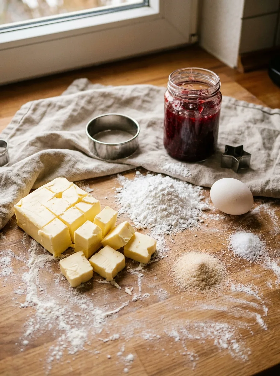 Illustrative Zutaten für Spitzbuben mit Mehl, kalter Butter, Ei und Marmelade