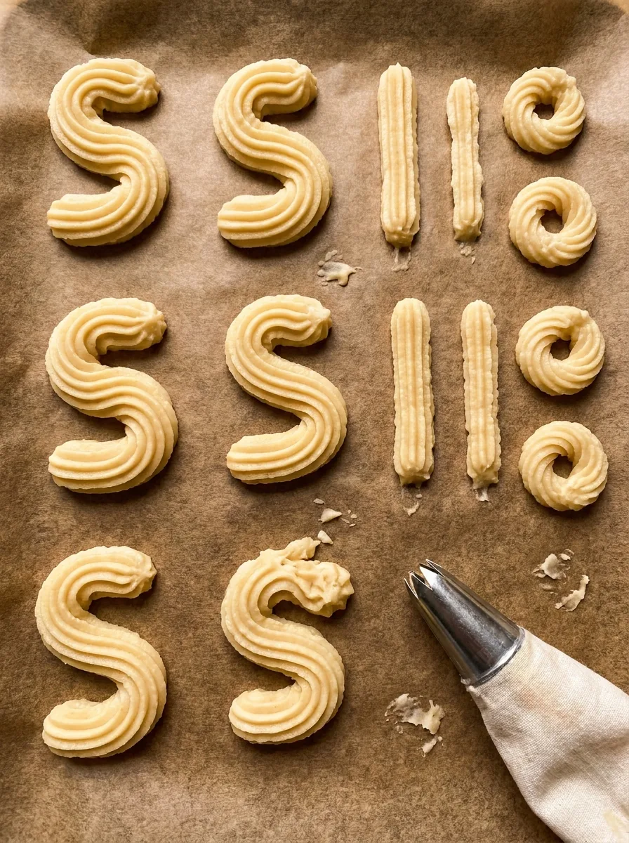 Illustrativ geformtes Spritzgebäck vor dem Backen