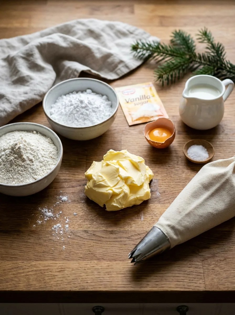 Illustrative Zutaten für Spritzgebäck mit Butter, Mehl und Speisestärke