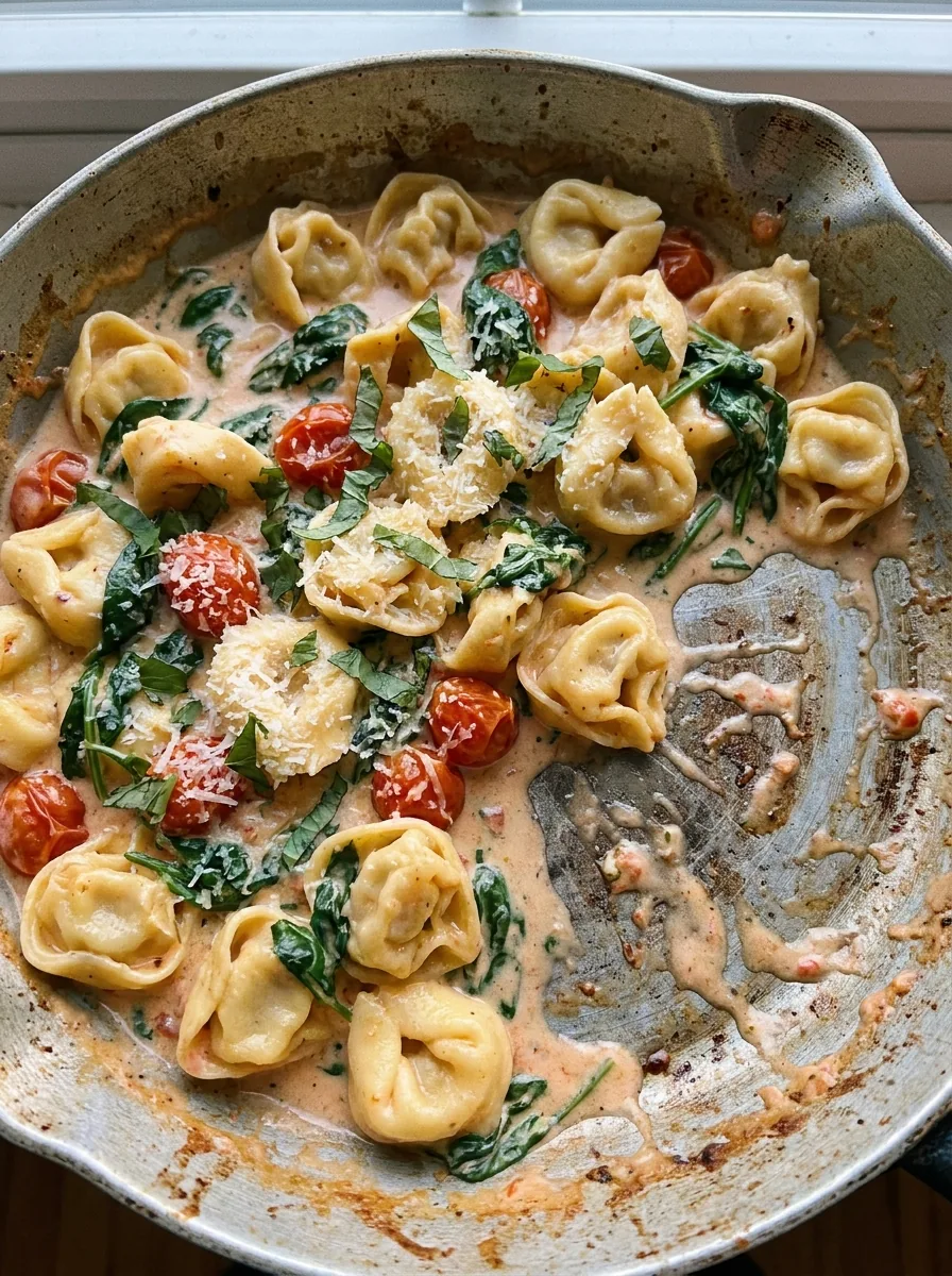 Illustrative cremige Tortellini-Pfanne mit Spinat und Tomaten