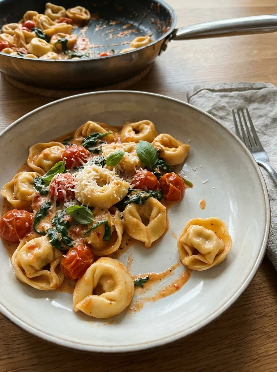 Illustrative Portion Tortellini mit Spinat und Tomaten