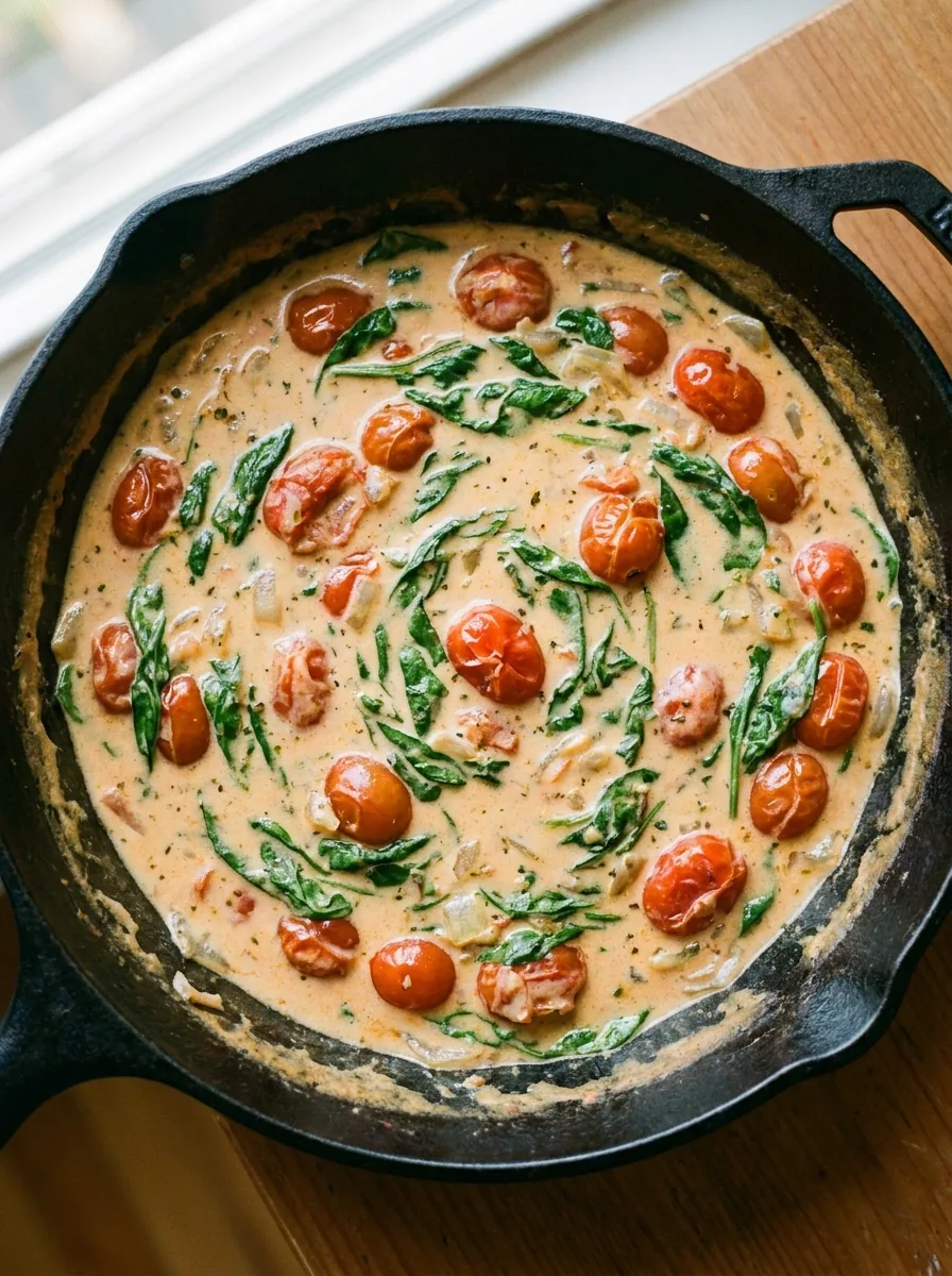 Illustrative cremige Tomaten-Spinat-Sauce