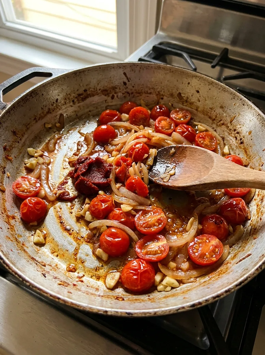 Illustrative gebratene Kirschtomaten und Knoblauch in der Pfanne