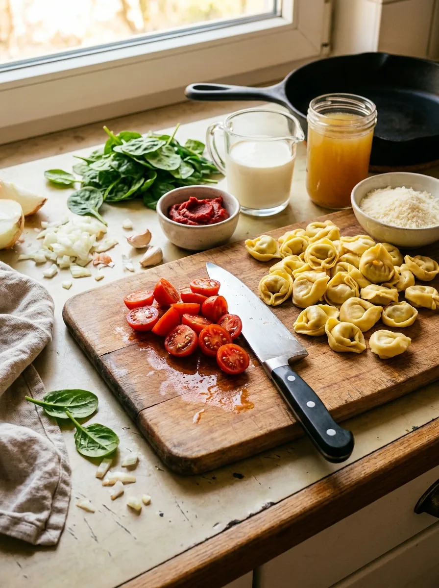 Illustrative Zutaten für Tortellini-Pfanne mit Spinat und Tomaten