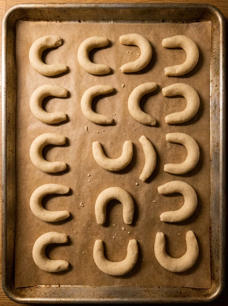 Illustrative handgeformte Vanillekipferl vor dem Backen