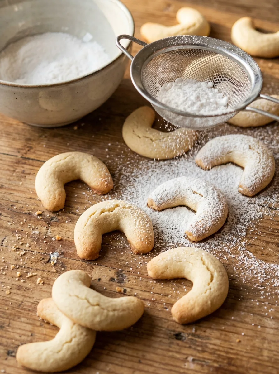 Illustrative Vanillekipferl mit Vanillezucker in einer Schale