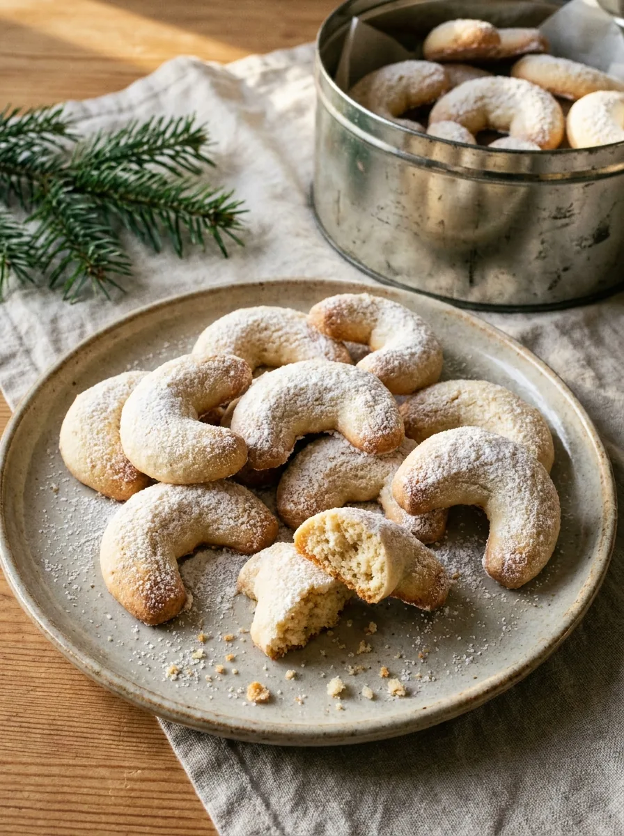 Illustrative Vanillekipferl auf einem Weihnachtsteller