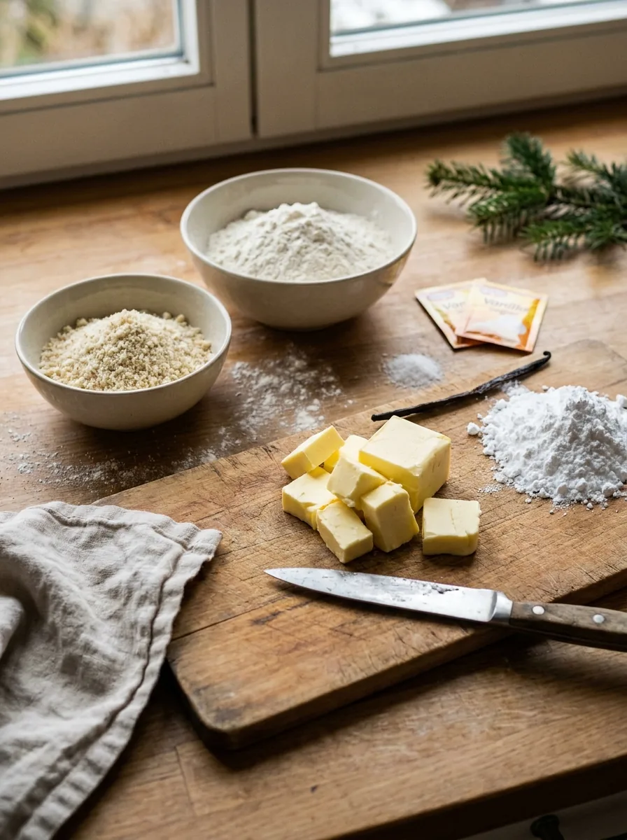 Illustrative Zutaten für Vanillekipferl mit Mehl, Butter und Mandeln