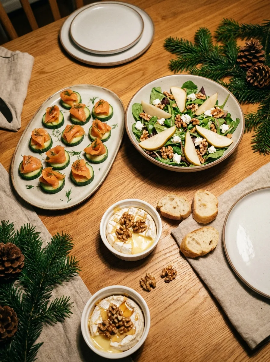 Illustrative Auswahl mit Lachs-Häppchen, Feldsalat und gebackenem Käse