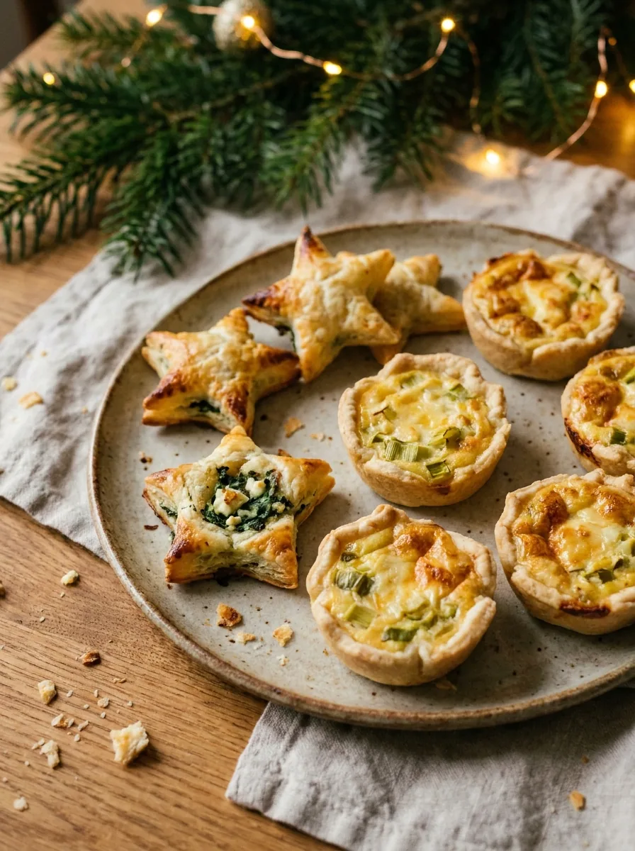 Illustrative Blätterteig-Sterne und Mini-Quiches als warme Weihnachtsvorspeisen
