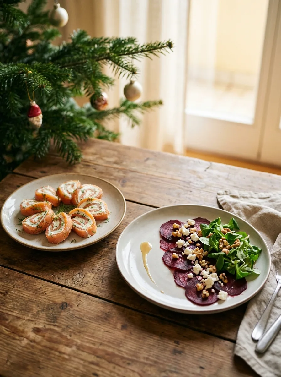Illustrative kalte Weihnachtsvorspeisen mit Lachs-Röllchen und Rote-Bete-Carpaccio
