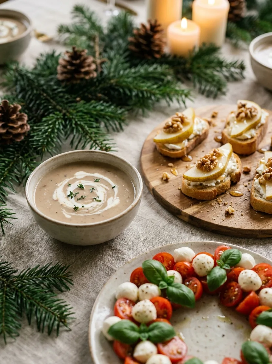 Illustrative Maronensuppe, Ziegenkäse-Crostini und Caprese-Kranz